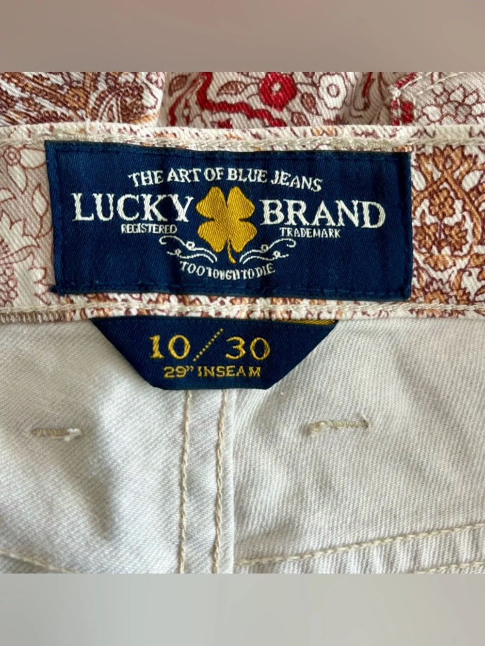 Lucky Brand Charlie Skinny Boho Patchwork Jeans Beige Sz 10 - Picture 13 of 16